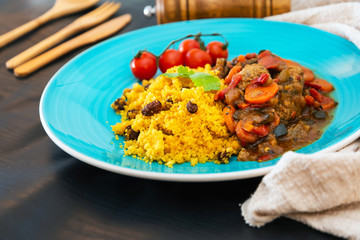 Kefta Tagine Moroccan Meatballs Served With Semolina and Vegetables