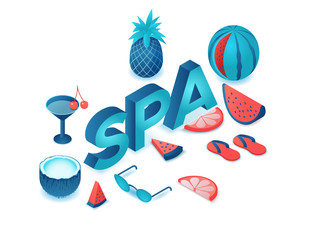 Spa party 3d isometric letters, summer event type, fruits, cocktail, watermelon, pineapple, modern lettering, beach elements, holiday poster, trendy font