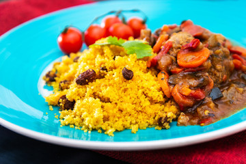 Kefta Tagine Moroccan Meatballs Served With Semolina and Vegetables