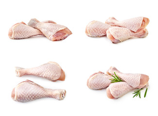 Set of Raw chicken legs isolated on white background