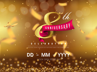 8 years anniversary logo template on gold background. 8th celebrating golden numbers with red ribbon vector and confetti isolated design elements