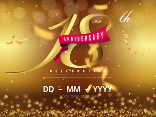 18 years anniversary logo template on gold background. 18th celebrating golden numbers with red ribbon vector and confetti isolated design elements