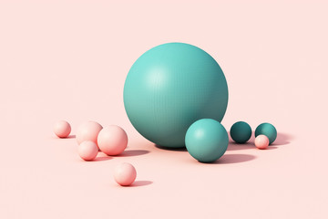 Pink and green sphere ball on pink pastel background. 3d render