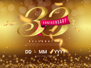 33 years anniversary logo template on gold background. 33rd celebrating golden numbers with red ribbon vector and confetti isolated design elements
