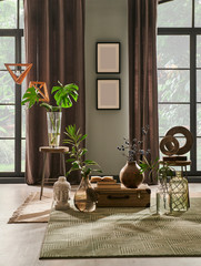 Decorative living room, table and modern home detail.