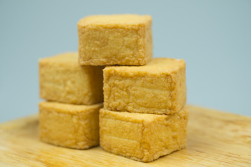 Fish meat tofu, yellow meatball square shape.
