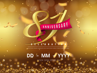 81 years anniversary logo template on gold background. 81st celebrating golden numbers with red ribbon vector and confetti isolated design elements