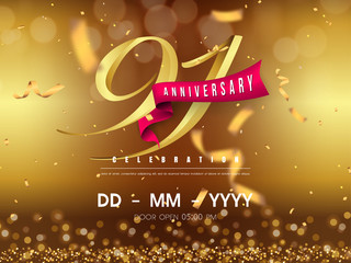 91 years anniversary logo template on gold background. 91st celebrating golden numbers with red ribbon vector and confetti isolated design elements