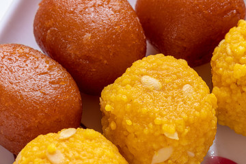 Motichoor Ladoo,Gulab Jamun closeup, selective focus.