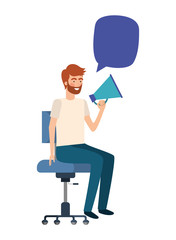 man with sitting in office chair and megaphone