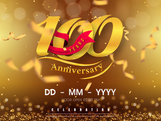 100 years anniversary logo template on gold background. 100th celebrating golden numbers with red ribbon vector and confetti isolated design elements