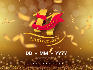 11 years anniversary logo template on gold background. 11th celebrating golden numbers with red ribbon vector and confetti isolated design elements - obrazy, fototapety, plakaty
