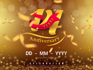 14 years anniversary logo template on gold background. 14th celebrating golden numbers with red ribbon vector and confetti isolated design elements