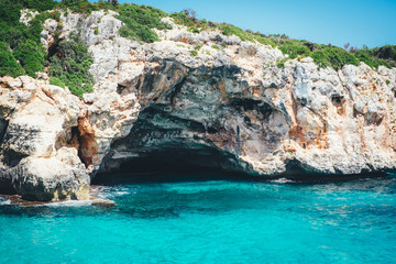 Fototapeta na wymiar Beautiful ocean place in Mallorca, Spain. Cliffs and ocean. Deep water solo. Cala barques.
