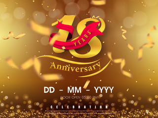 18 years anniversary logo template on gold background. 18th celebrating golden numbers with red ribbon vector and confetti isolated design elements