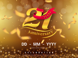 21 years anniversary logo template on gold background. 21st celebrating golden numbers with red ribbon vector and confetti isolated design elements
