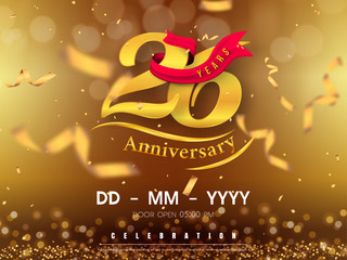 26 years anniversary logo template on gold background. 26th celebrating golden numbers with red ribbon vector and confetti isolated design elements