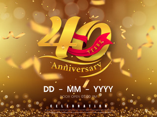 40 years anniversary logo template on gold background. 40th celebrating golden numbers with red ribbon vector and confetti isolated design elements