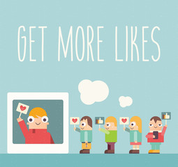 Social Media Poster with Text Get More Likes. Funny People Using Smartphone for Follow the Trend and Social Networking. Vector Illustration. Cartoon Retro Design.