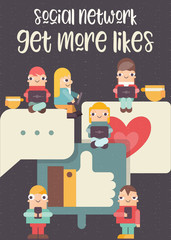 Retro Poster of Social Media with Characters - Cartoon People Using Mobile Gadgets. Youth Talking and Share Tag or Post Comment Online near Big Symbol - Like, Heart, Message. Vector Illustration.