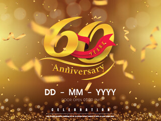 60 years anniversary logo template on gold background. 60th celebrating golden numbers with red ribbon vector and confetti isolated design elements