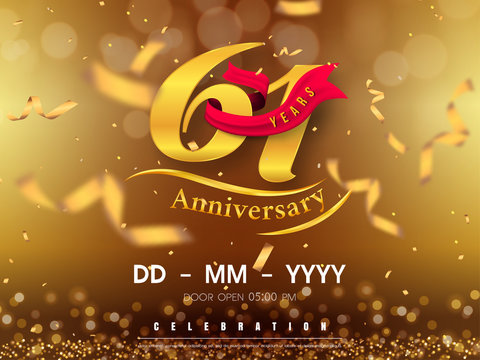61 years anniversary logo template on gold background. 61st celebrating golden numbers with red ribbon vector and confetti isolated design elements