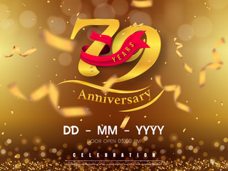 79 years anniversary logo template on gold background. 79th celebrating golden numbers with red ribbon vector and confetti isolated design elements