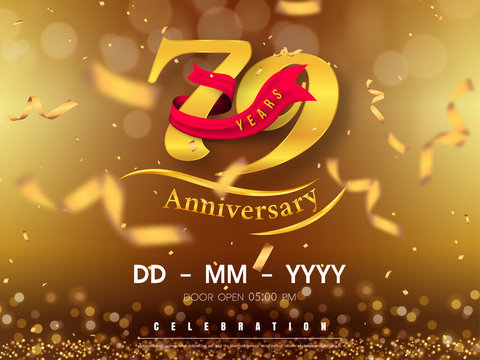 79 years anniversary logo template on gold background. 79th celebrating golden numbers with red ribbon vector and confetti isolated design elements