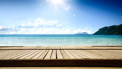 Wooden pier of  free space for your decoration and summer sunny day. Free space for your decoration. 