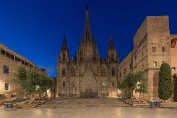 Fototapeta na wymiar Panorama of Barcelona Cathedral of the Holy Cross and Saint Eulalia during morning blue hour, Barri Gothic Quarter in Barcelona, Catalonia, Spain.