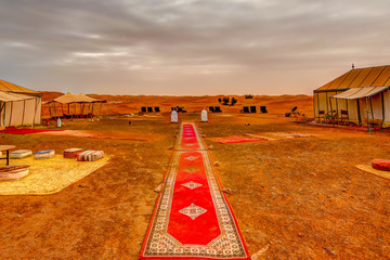Camping site with tents in the Sahara Desert 