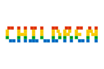 Word "children" written from fun colorful brick block constructor isolated on white. Mosaic lettering font for poster, banner