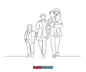 Continuous line drawing of happy family walking. Template for your design works. Vector illustration.