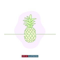 Continuous line drawing of pineapple. Template for your design. Vector illustration.