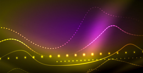 Glowing abstract wave on dark, shiny motion, magic space light. Techno abstract background