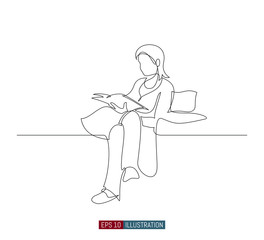 Continuous line drawing of girl with a book in the armchair. Template for your design works. Vector illustration.