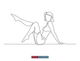 Continuous line drawing of girl sitting on the floor. Template for your design works. Vector illustration.
