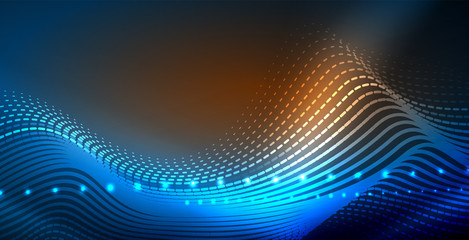 Obraz premium Glowing abstract wave on dark, shiny motion, magic space light. Vector techno abstract background