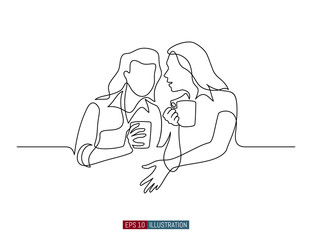 Continuous line drawing of gossip girls with cups. Template for your design works. Vector illustration.