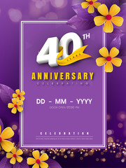 40 years anniversary logo template on golden flower and purple background. 40th celebrating white numbers with gold ribbon vector and bokeh design elements, anniversary invitation template card design