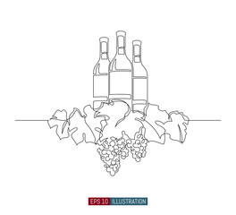 Continuous line drawing of grape wreath with wine bottles. Template for your design works. Vector illustration.