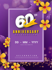 60 years anniversary logo template on golden flower and purple background. 60th celebrating white numbers with gold ribbon vector and bokeh design elements, anniversary invitation template card design