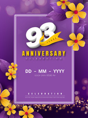 93 years anniversary logo template on golden flower and purple background. 93rd celebrating white numbers with gold ribbon vector and bokeh design elements, anniversary invitation template card design