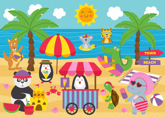 Obraz na płótnie Canvas animals relax on the beach - vector illustration, eps