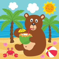 bear drinks coconut milk on the beach  - vector illustration, eps