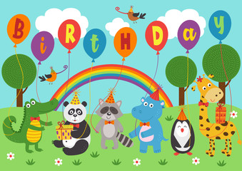 poster funny animals keep balloons birthday - vector illustration, eps