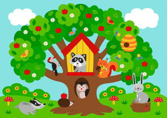 Obraz na płótnie Canvas poster tree with forest animals - vector illustration, eps