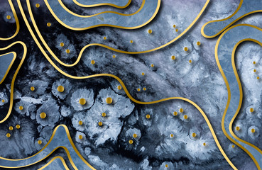 Abstrakter Acrylhintergrund aus Marmor. Natur, die blaue und goldene Grafikstruktur marmoriert.