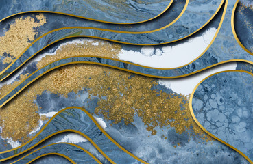 Abstrakter Acrylhintergrund aus Marmor. Natur, die blaue und goldene Grafikstruktur marmoriert. © Anna Babii