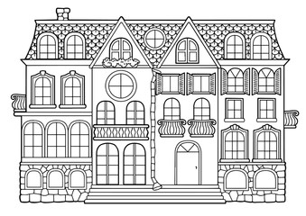 Vector black and white coloring book for adults. Country-style multistory building with separate apartments, balconies and windows and attic